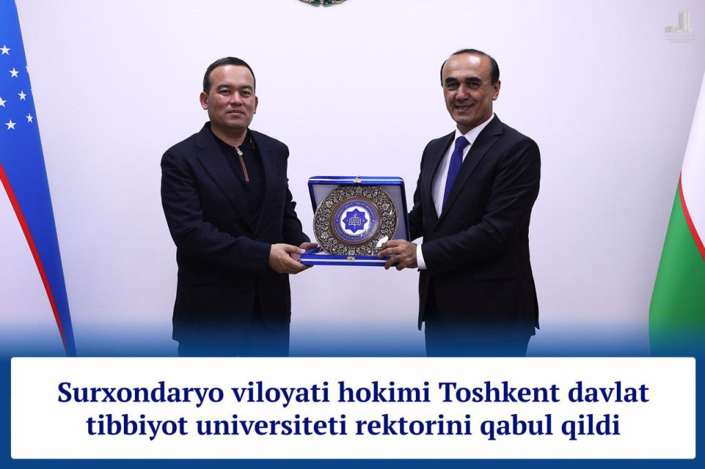 Bugun Surxondaryo viloyati hokimi Ulug‘bek Qosimov Toshkent davlat tibbiyot universiteti rektori, tibbiyot fanlari doktori, professor Shuhrat Boymuradovni qabul qildi